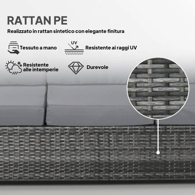 Outsunny Divano da Esterno 3 Posti in Rattan PE e Metallo con Cuscini per Seduta e Schienale, 185x70x80 cm, Grigio