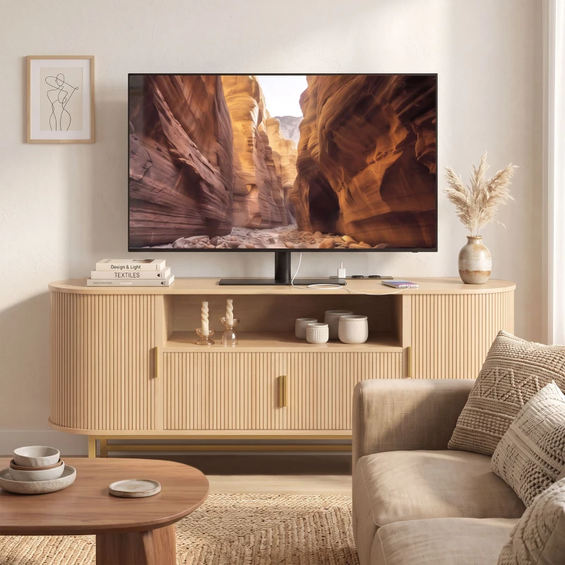 HOMCOM Comodă TV 140 cm cu 2 prize și 2 porturi, Comodă pentru 213,4 cm, 2 uși batante, 2 uși glisante, stejar