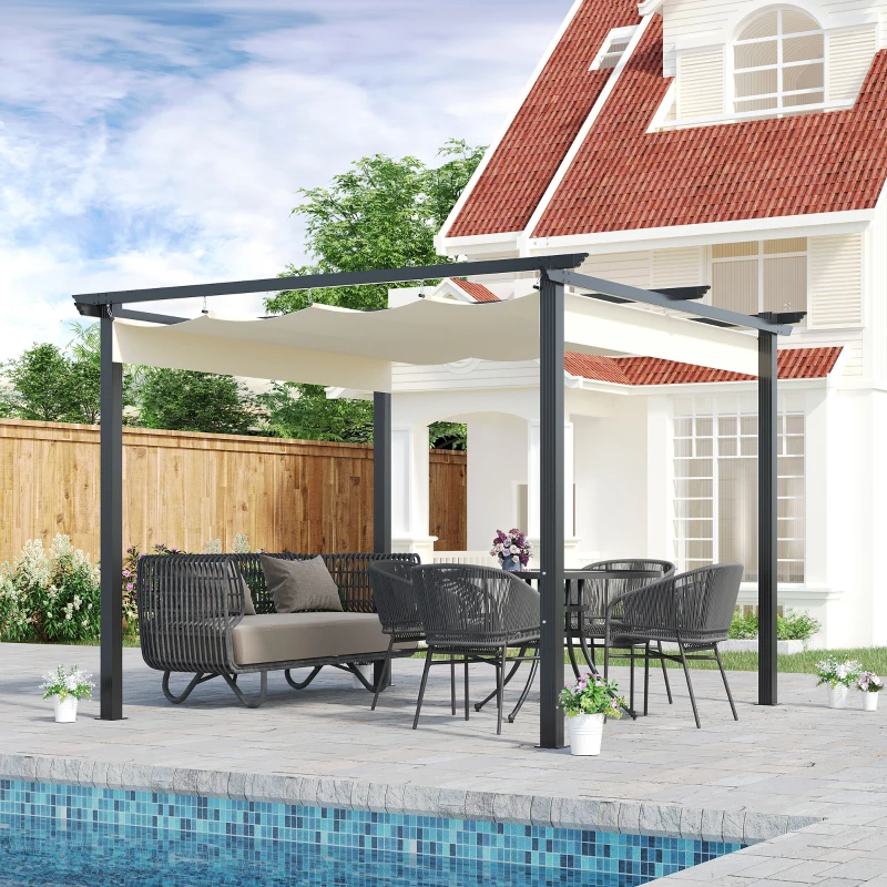 Outsunny Gazebo Pergola da Giardino 3x3m con Tenda Retrattile, in Alluminio e Poliestere, Bianco Crema