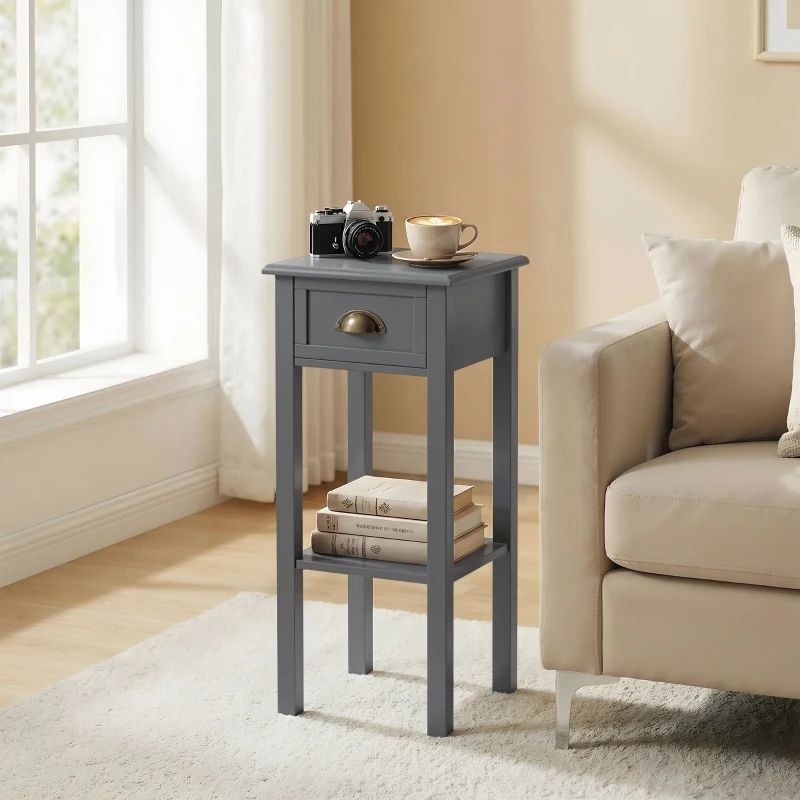 HOMCOM Mesa Auxiliar Estilo Moderno Mesita Auxiliar con Cajón y Estante de Almacenamiento 30x30x75 cm Gris