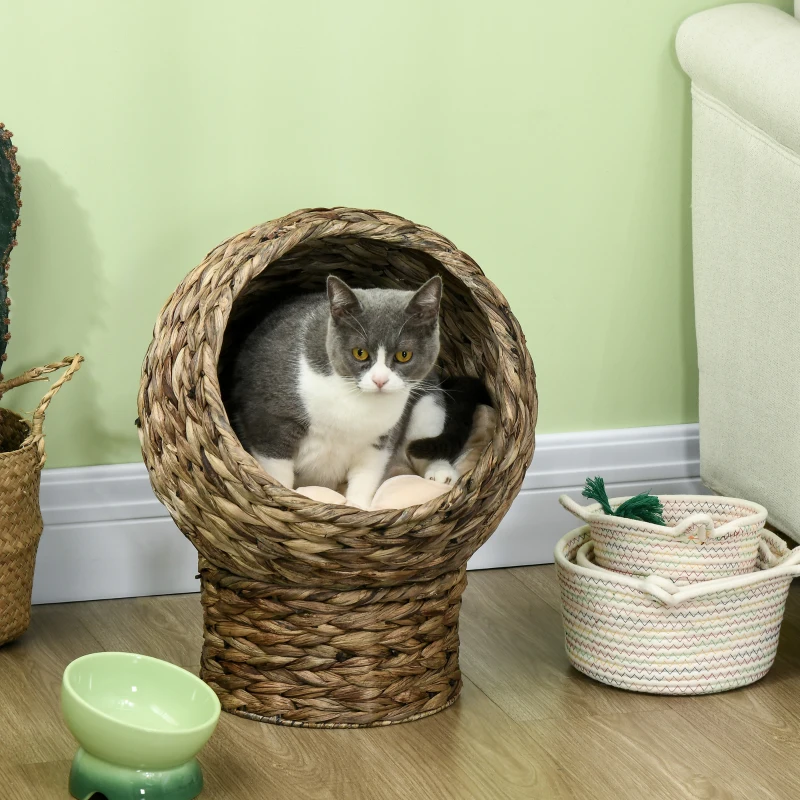 PawHut kattenslaapplek, kattenbed met kussen, kattengrot, bananenblad, grijs