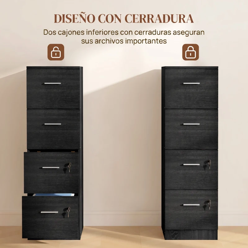 HOMCOM Cajonera Escritorio con 4 Cajones Cerraduras Barras Ajustables para Archivos Tamaño A4 y Carta 40x42x130,8 cm Negro