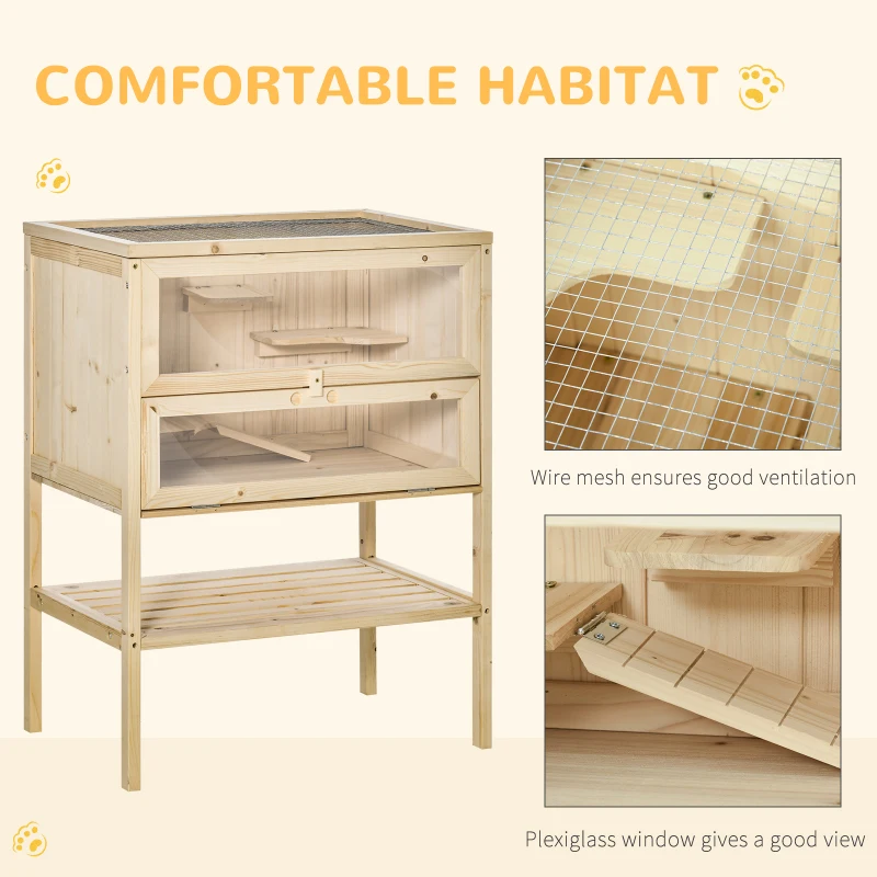 PawHut Wooden Hamster Cage with Storage Shelf, Small Animal Exercise Play House Gerbil Cage with Openable Top, Ramp for Gerbils, Drawf Hamsters, 60 x 40 x 80 cm - Natural