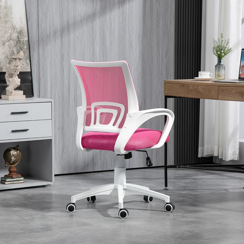 HOMCOM Silla de Escritorio de Malla Giratoria con Altura Ajustable Función de Basculante y Reposabrazos Carga 120 kg Rosa