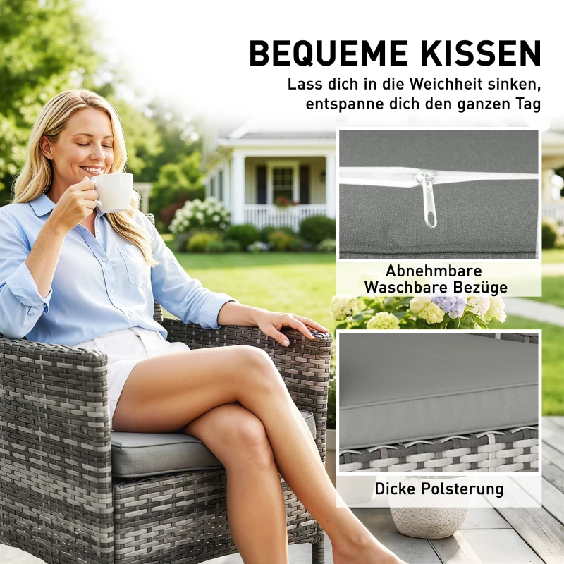 Outsunny 2-delige set tuinstoelen van polyrotan met 2 stoelen, afneembare kussens, stalen frame, grijs