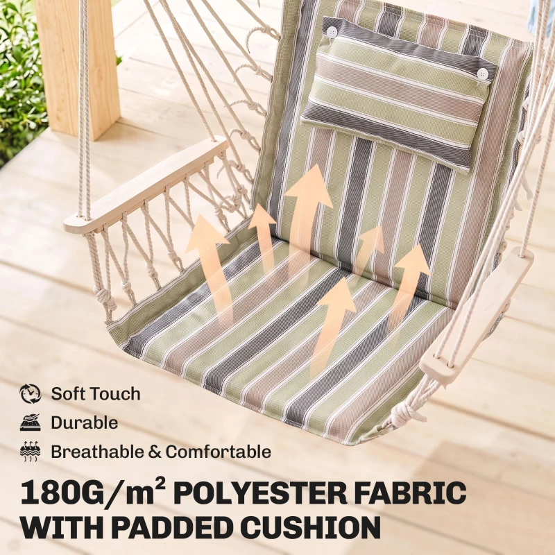 Outsunny Garden Outdoor Hanging Hammock Chair Thick Rope Frame Wooden Arms Safe  Garden Outdoor Spot Stylish Multicoloured stripes