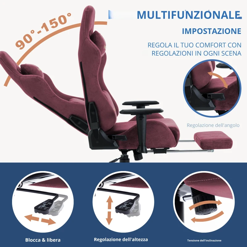 Sedia da gaming con poggiapiedi, in similpelle scamosciata traspirante, regolabile in altezza con molla a gas, girevole, 70x70x135 cm, Rosso