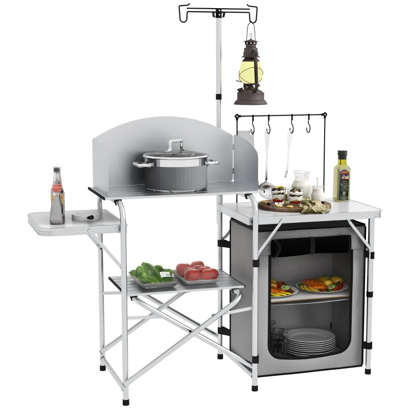 Outsunny Campingkeuken inklapbaar, buitenshuis keuken met UV-bescherming, windscherm, zilver