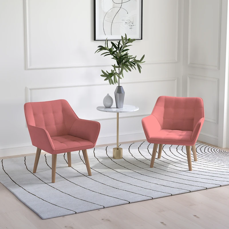 Set of 2 Accent Chair, Arm Chair with Slanted Back, Thick Padding and Rubber Wooden Legs for Living Room, Pink