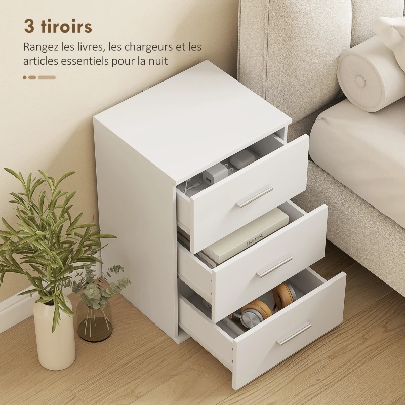 HOMCOM Table de Chevet 3 Tiroirs, Table de Nuit Moderne, Facile à Nettoyer, pour Chambre à Coucher, Salon, 40x35x60cm, Blanc