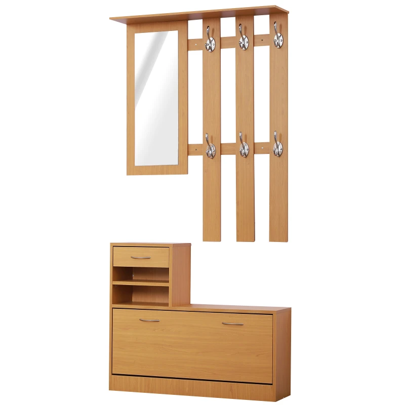 HOMCOM Recibidor de Entrada con Espejo Perchero y Zapatero Mueble de Recibidor de 2 Piezas con 6 Ganchos Estantes y Cajón Abatible para Pasillo Madera Marrón