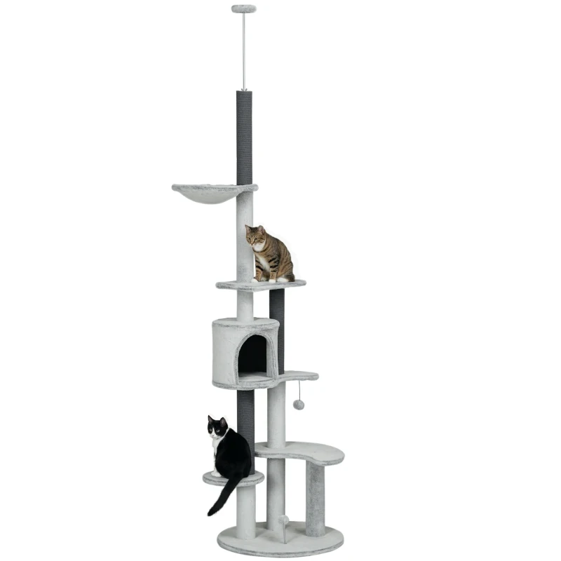PawHut Krabpaaltje met Plafondspanner, Hangmat, Huis, Platforms, Speelbal, 225-255cm, Grijs