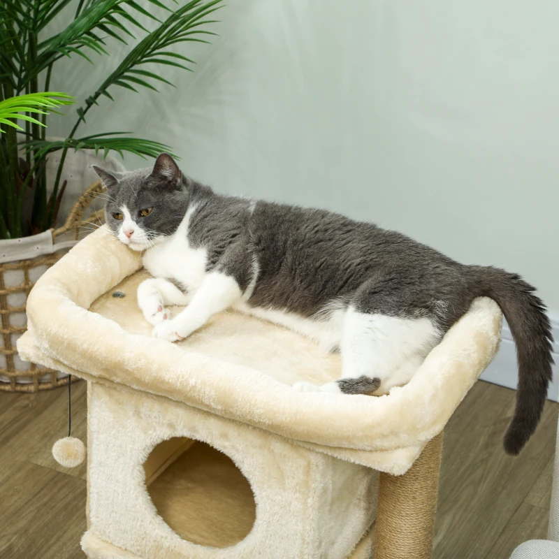PawHut Krabpaal met Jute-Krabmat, Ligplatform, Speelbal, Kattenhuis, Beige, 40 x 40 x 57 cm