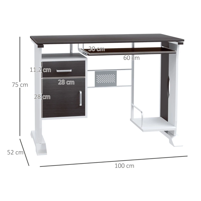 HOMCOM Bureau d'ordinateur, 100 x 52 x 75 cm, bureau avec tablette coulissante pour clavier, tiroirs et support d'unité centrale, table informatique pour étudier noyer foncé et blanc
