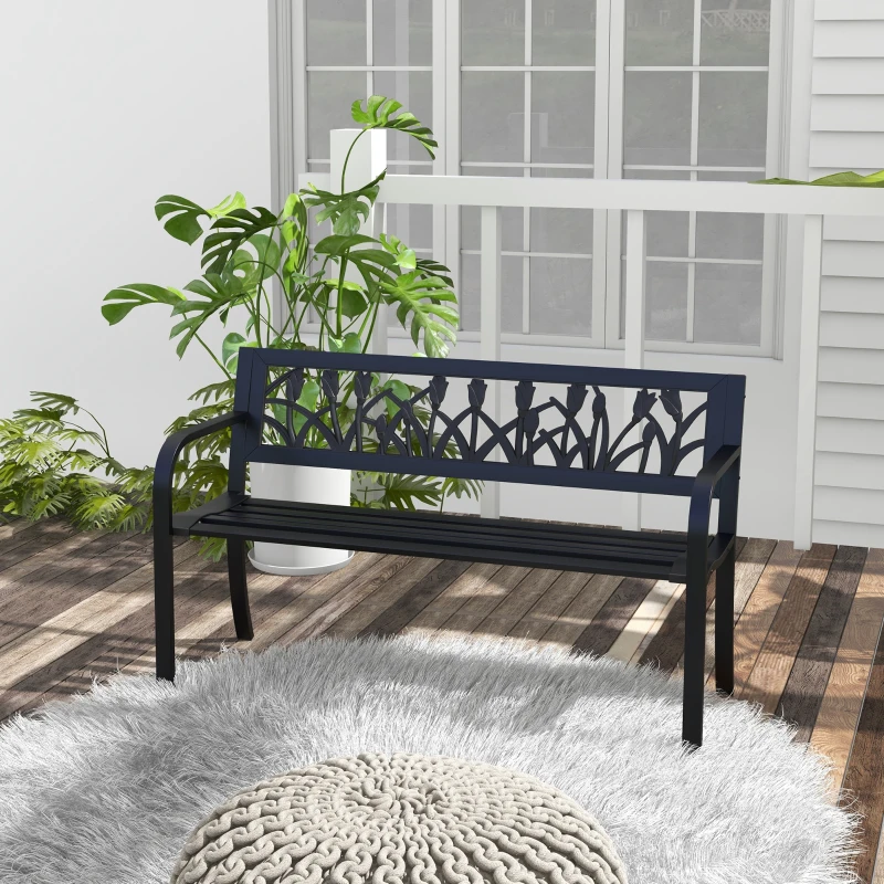 Outsunny Panchina da Giardino a 2 Posti in Acciaio con Schienale Decorato e Braccioli, 125x50x75cm, Nero