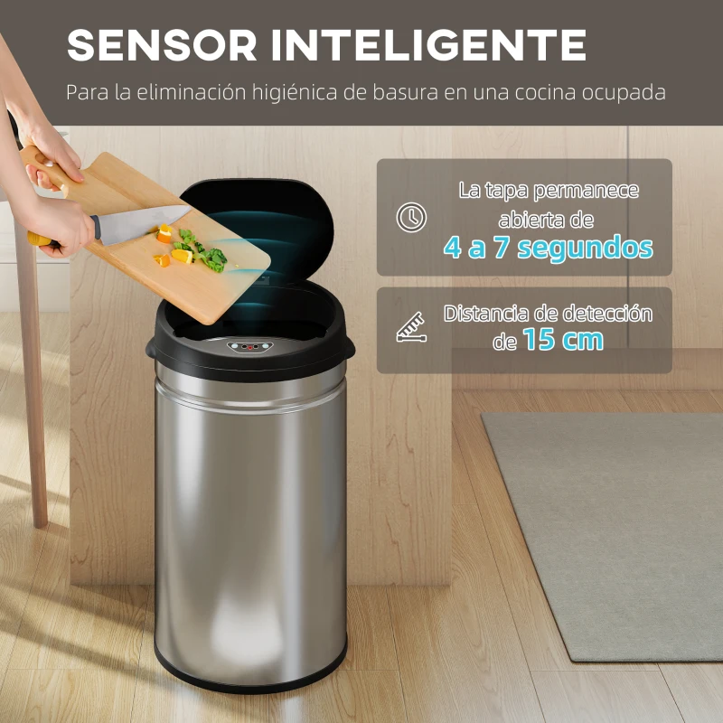 HOMCOM Cubo de Basura Cocina Automático 30 L Sensor Infrarrojo Cierre Automático Antihuellas Acero Inoxidable Plata