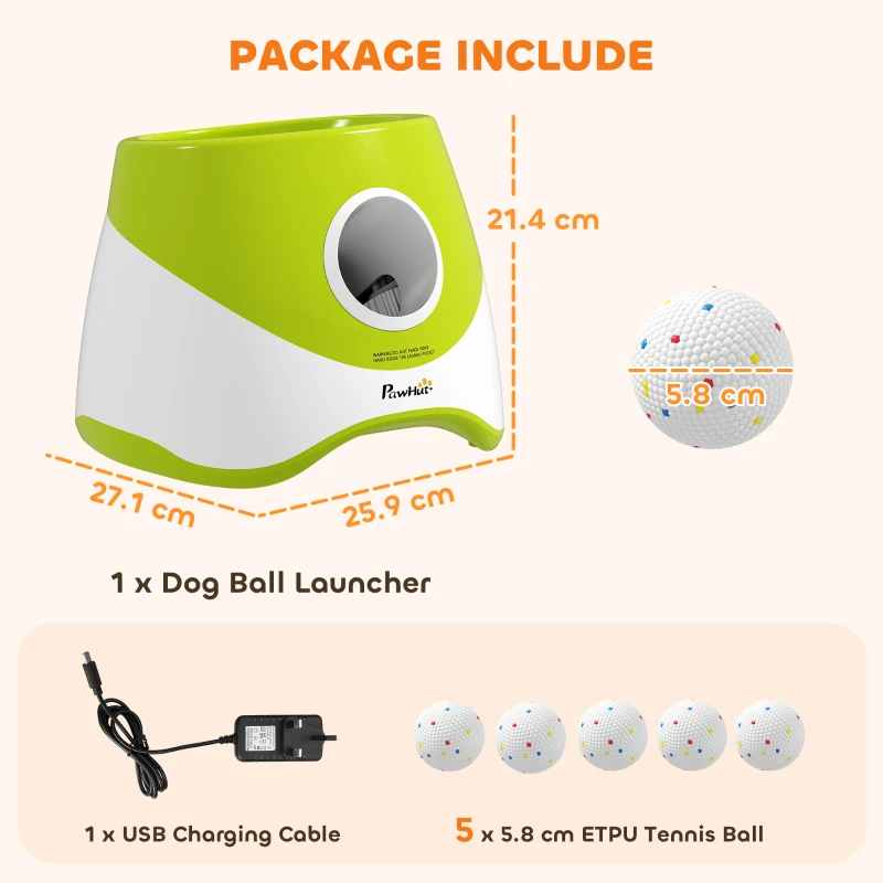 PawHut Automatic Dog Ball Launcher with 5 ETPU Balls 2.3", 3 Distance Settings 20/33/46ft, Green