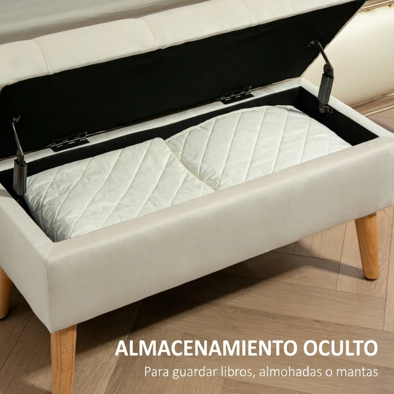 HOMCOM Puff Almacenaje Tapizado en Terciopelo con Tapa Patas de Madera para Sala de Estar Dormitorio Entrada 80x35x42 cm Crema
