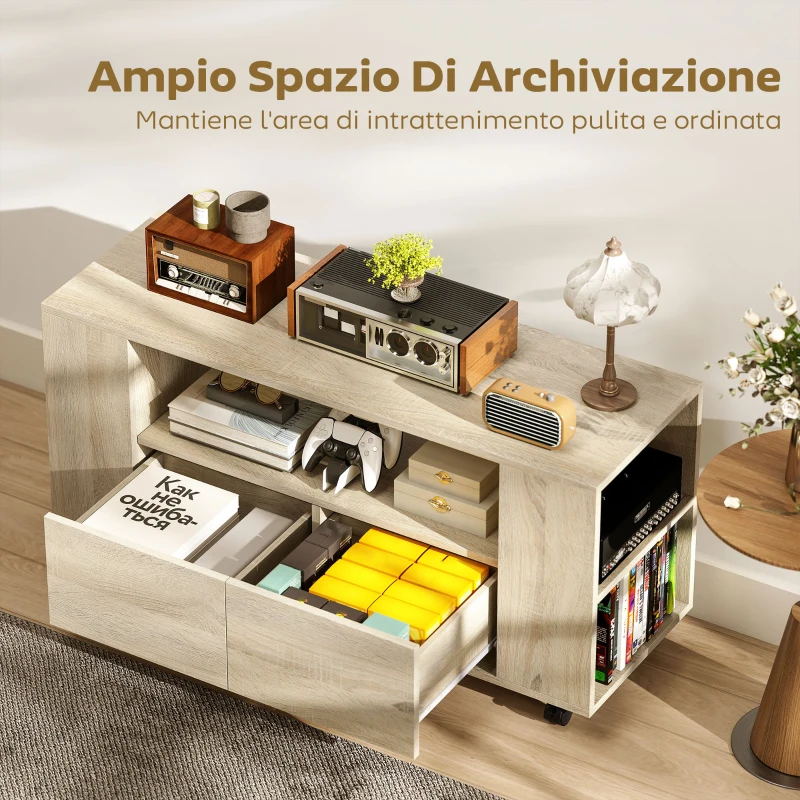 HOMCOM Mobile Porta TV da 42" con Ruote Girevoli e Freno, Ripiani Regolabili e Cassetti, 102x34.5x48.5 cm, Legno