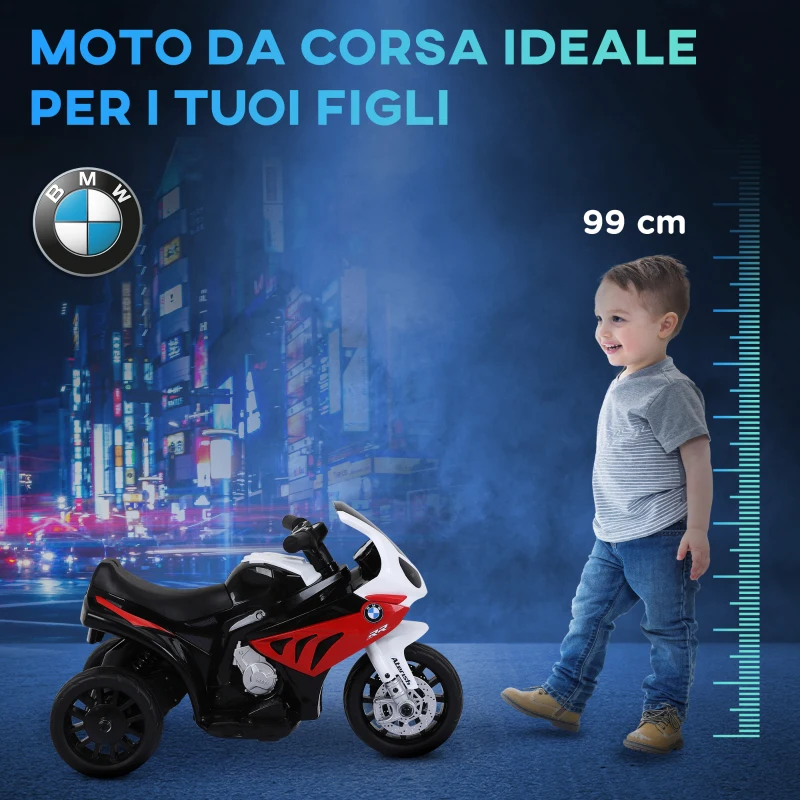 HOMCOM Moto Elettrica per Bambini 18-36 Mesi con Licenza BMW, 6V Motorino Elettrico per Bambini con 3 Ruote, Fari, Musica, 2.5 km/h, Max 20kg, Rosso