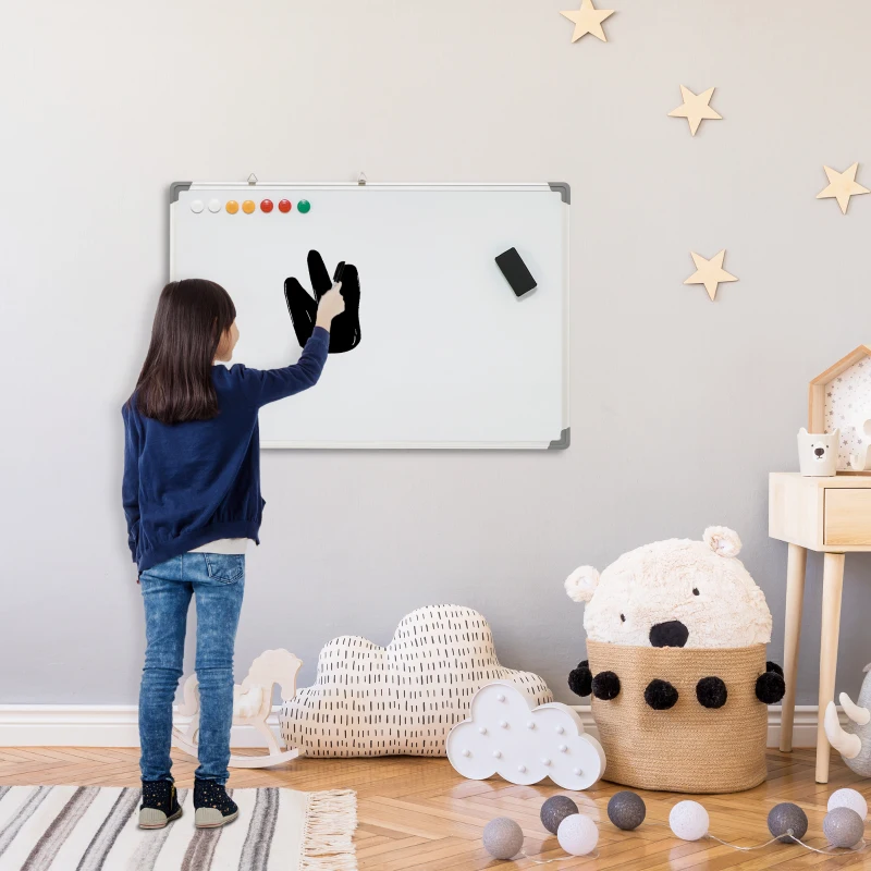 HOMCOM Whiteboard, magnetisch bord, notitiebord, inclusief accessoires, 4 stiften, 1 spons, 10 magneten, wit + zilver