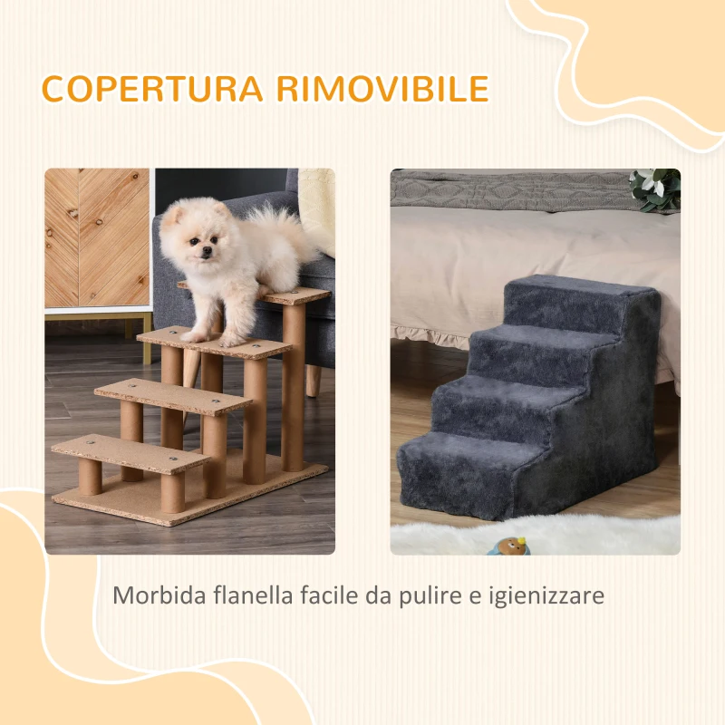 PawHut Scaletta per Cani Portatile a 4 Gradini, in Tessuto Vellutato Sfoderabile e Legno, 60x35x44 cm, Grigio Scuro