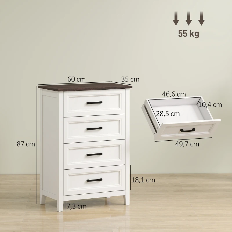HOMCOM Cómoda Dormitorio Estrecho y Alto con Encimera Efecto Madera Cajonera para Espacios Pequeños 60x35x87 cm Blanco