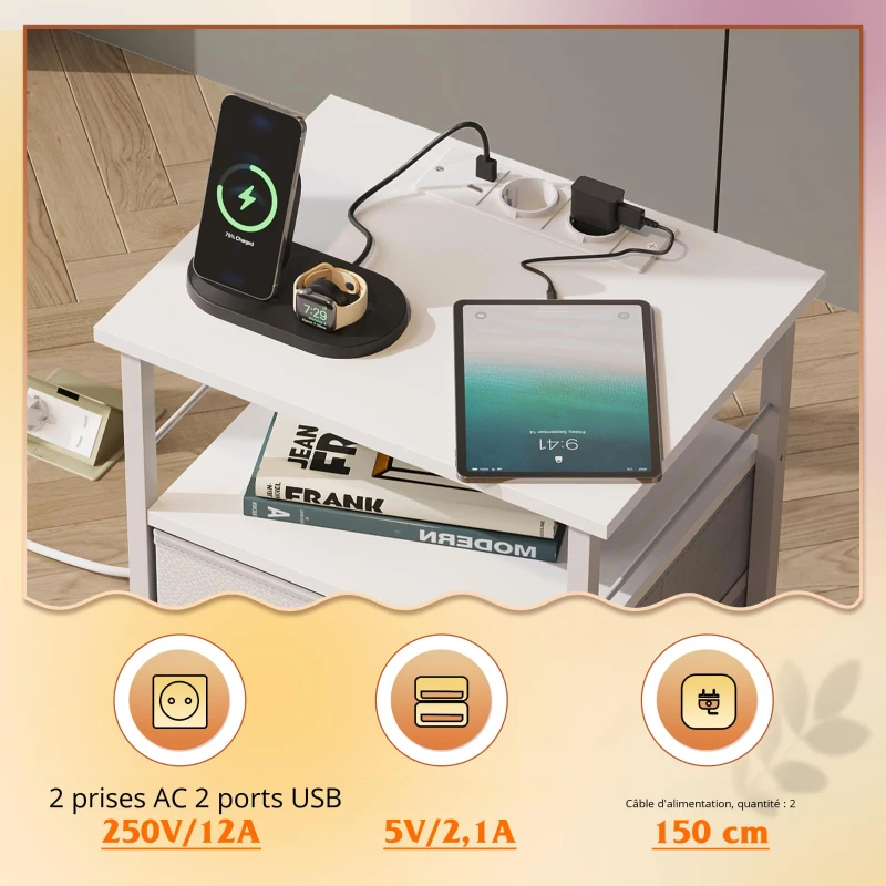 Table de chevet avec fonction de charge, grand espace de rangement, convient pour chambre à coucher, salon et bureau, 39,8x29,8x64,2 cm, Blanc