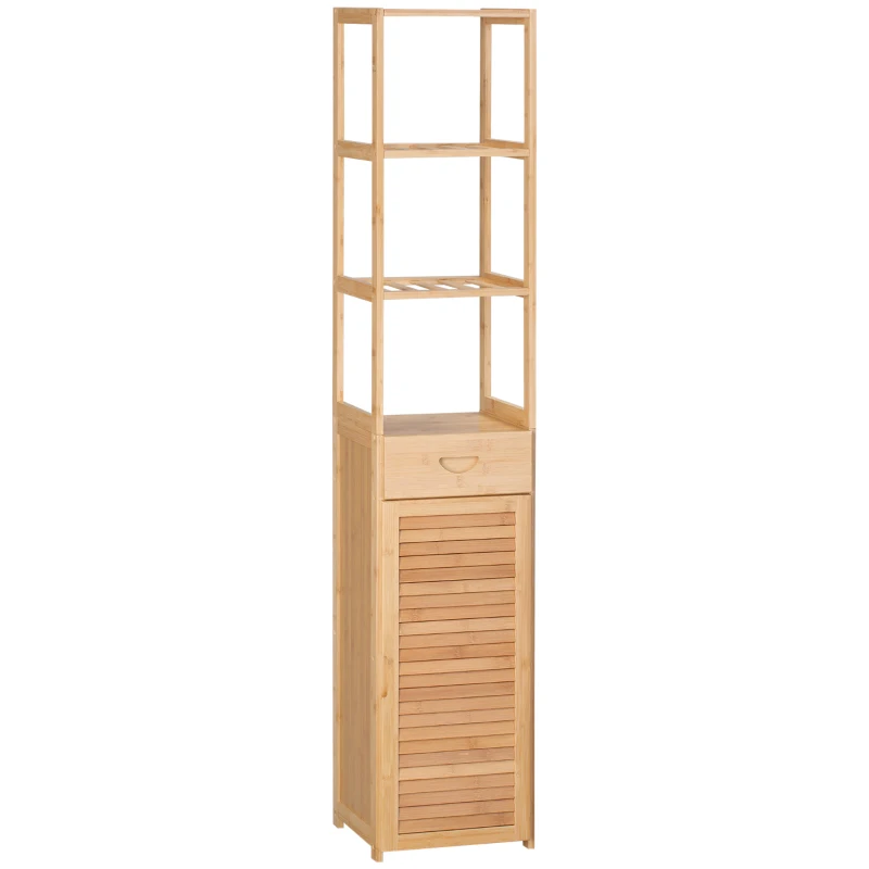 kleankin Badkamerrek, 3 open vakken, lade, lameldeur, bamboe, 32 x 30 x 163 cm(m-11)