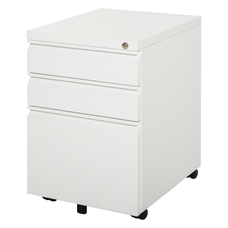 HOMCOM Rolcontainer met 3 lades – Mobiele archiefkast met wielen, afsluitbaar Bureau- en thuiskantoor kast met concave grepen, 39 x 48 x 60 cm,Wit