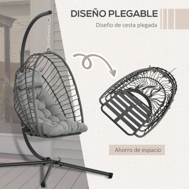 Outsunny Silla Colgante Plegable con Soporte y 2 Cojines Carga 100 kg para Interior y Exterior en Acabado de Ratán PE Gris Oscuro