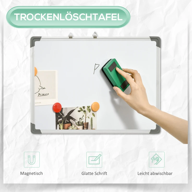 HOMCOM Magnetisch Whiteboard, Gemakkelijk te Wissen, Met 4 Markers, 10 Magneten, 1 Gum, 60 x 1,8 x 45 cm