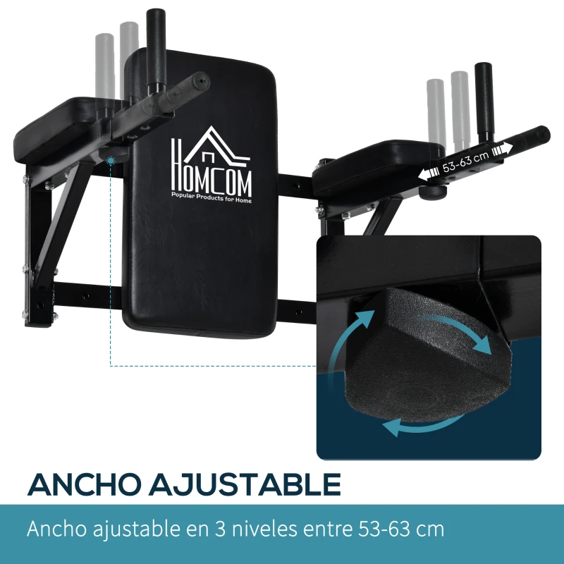 HOMCOM Barra de Musculación para Pared Estación de Fondos con Brazos Ajustables para hacer Dominadas Flexiones en Casa 70x53-63x48 cm Negro