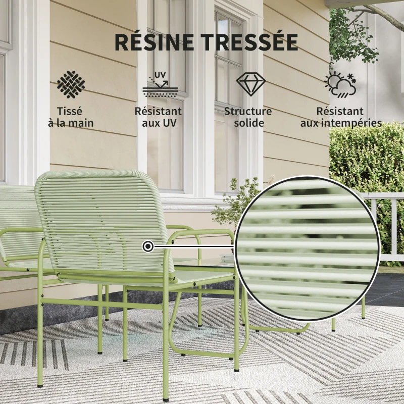 Outsunny Salon de Jardin extérieur résine tressée 4 places, canapé 2 places, 2 chaises, table en verre trempé cadre acier vert
