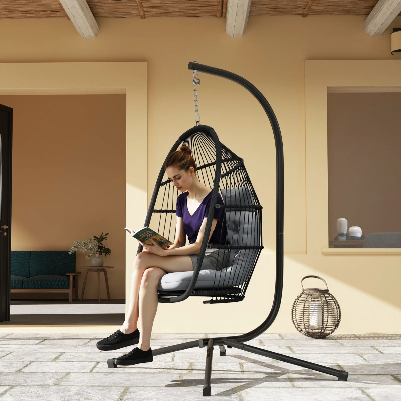 Outsunny Silla Colgante Huevo con Soporte con Cesta Plegable Cojín y Reposacabezas para Interior y Exterior Carga 150 kg Gris