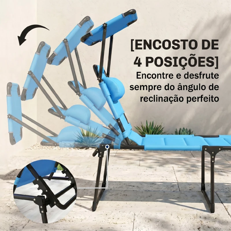 Outsunny Espreguiçadeira de Jardim com Toldo Ajustável Encosto Regulável em 4 Níveis Apoio de Cabeça para Terraço 70x200x45 cm Azul Claro