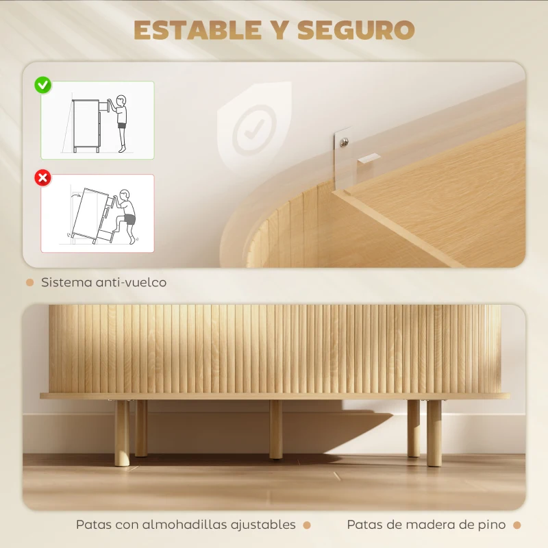 HOMCOM Aparador con Puertas Tambour Deslizantes 4 Compartimentos y Patas de Madera 120x40x78 cm Roble