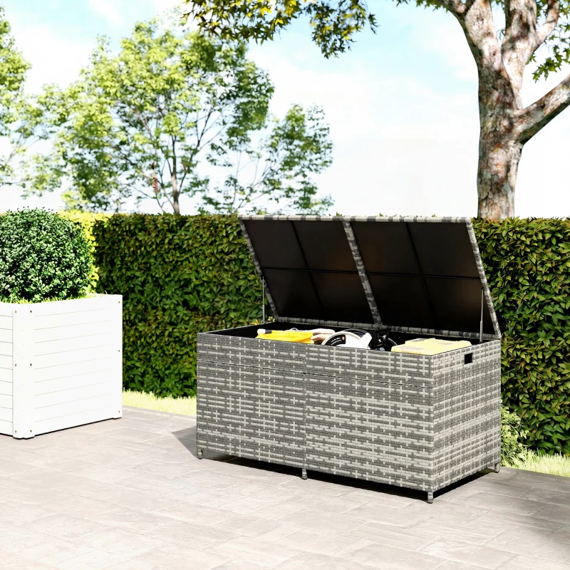 Outsunny Coffre de jardin en résine tressée, coffre de rangement extérieur 650 L imperméable avec doublure zippée