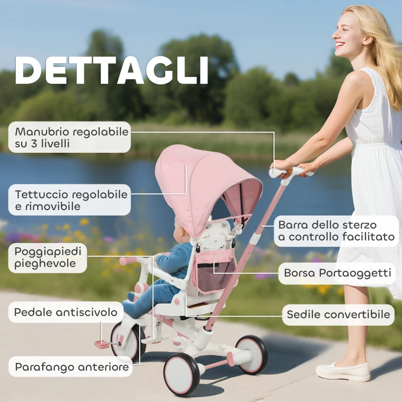 AIYAPLAY Triciclo per Bambini 5 in 1 con Maniglione di Spinta e Copertura Rimovibile, 96.5x49x101 cm, Rosa