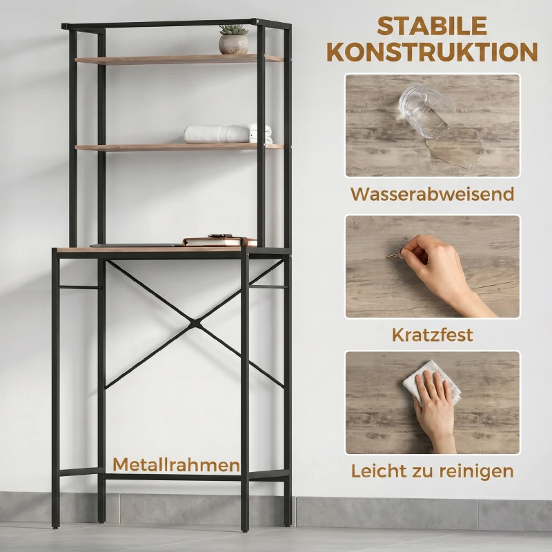 HOMCOM Wasmachinerek badkamer met droogstang, 3 niveaus, 67 x 40 x 161,8 cm, bruin