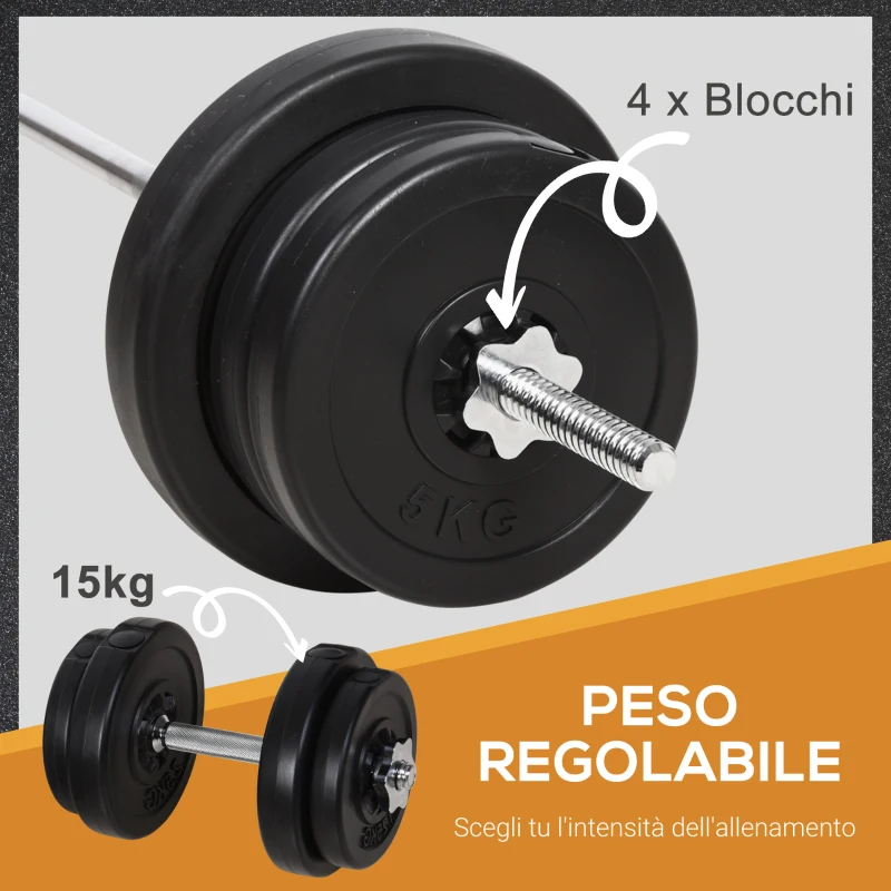 HOMCOM Set Manubri Palestra Regolabili 65kg, Set di Bilanciere con Pesi Regolabili, 14 Dischi e Impugnatura Antiscivolo, Pesi Manubri, per Braccia Allenamento Fitness Casa e Palestra, Nero