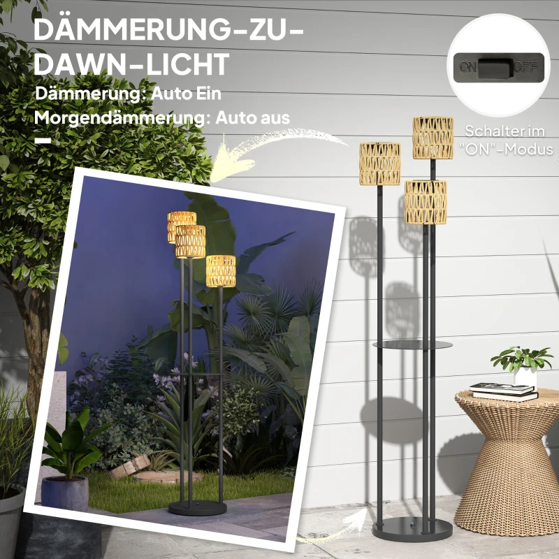 Outsunny Staande Solarlamp Rattan met Lichtsensor, 3-lamps in Boho-Stijl IP44 Ø37 x 144H cm(m-6)