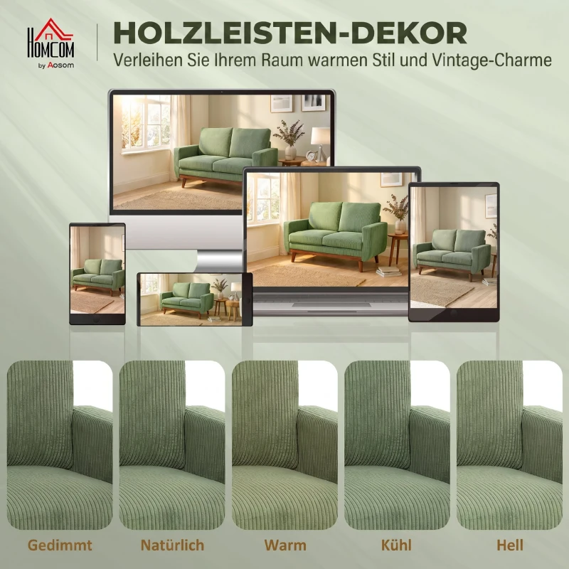 HOMCOM 2-Sitzer-Sofa, 134 cm Cord-Sofa mit Taschenfedern, dicker Rückenlehne, Holzlatten-Akzent, Grün