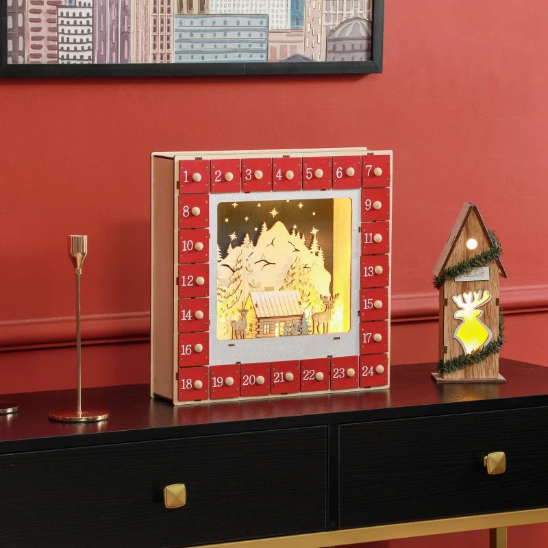 HOMCOM LED Adventskalender met Dorpstafereel, 24 Grote Lades, MDF, 34 x 7 x 34 cm, Rood