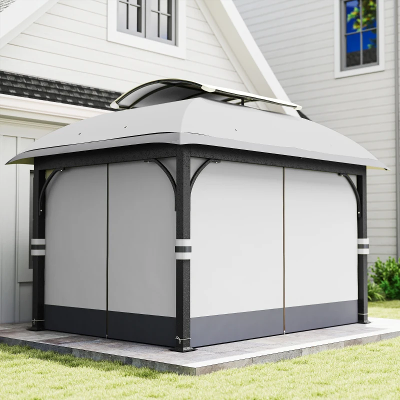 Outsunny Gazebo da Giardino 4x3 m con Zanzariere e Doppio Tetto, in Metallo e Poliestere Grigio Chiaro