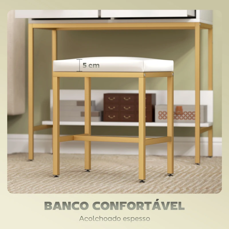 HOMCOM Toucador de Maquilhagem com Luz e Banco Mesa de Maquilhagem com 2 Gavetas e Prateleiras Estilo Moderno para Quarto Branco