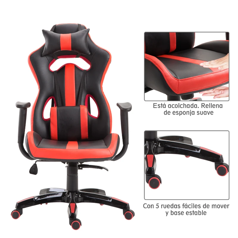 HOMCOM Silla Gaming Profesional Silla de Juego Oficina Ergonómica Estilo Deportivo Giratorio Reposacabezas y Cojín Lumbar Reclinable Altura Ajustable Cuero Sintético PU