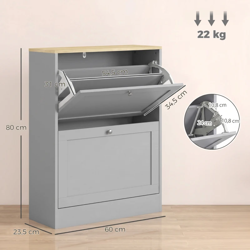 HOMCOM Sapateira 12 Pares Móvel de Entrada com 2 Gavetas Basculantes e Prateleiras Ajustáveis 60x23,5x80 cm Cinza