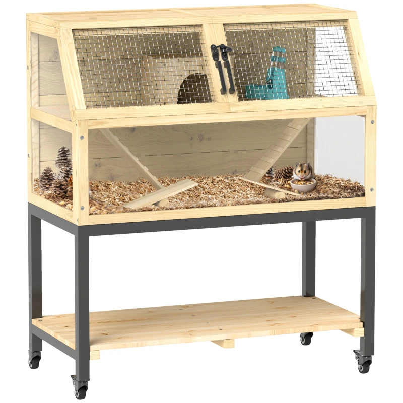 PawHut Dwerghamsterkooi van Hout met Opbergplank, Wielen, Hellingen, Waterfles, Hutje, Wip, 87 x 43 x 101 cm(m-11)