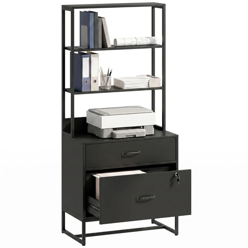 HOMCOM Archiefkast met lades – verticale opbergkast met boekenrek voor A4, Letter en Legal, zwart